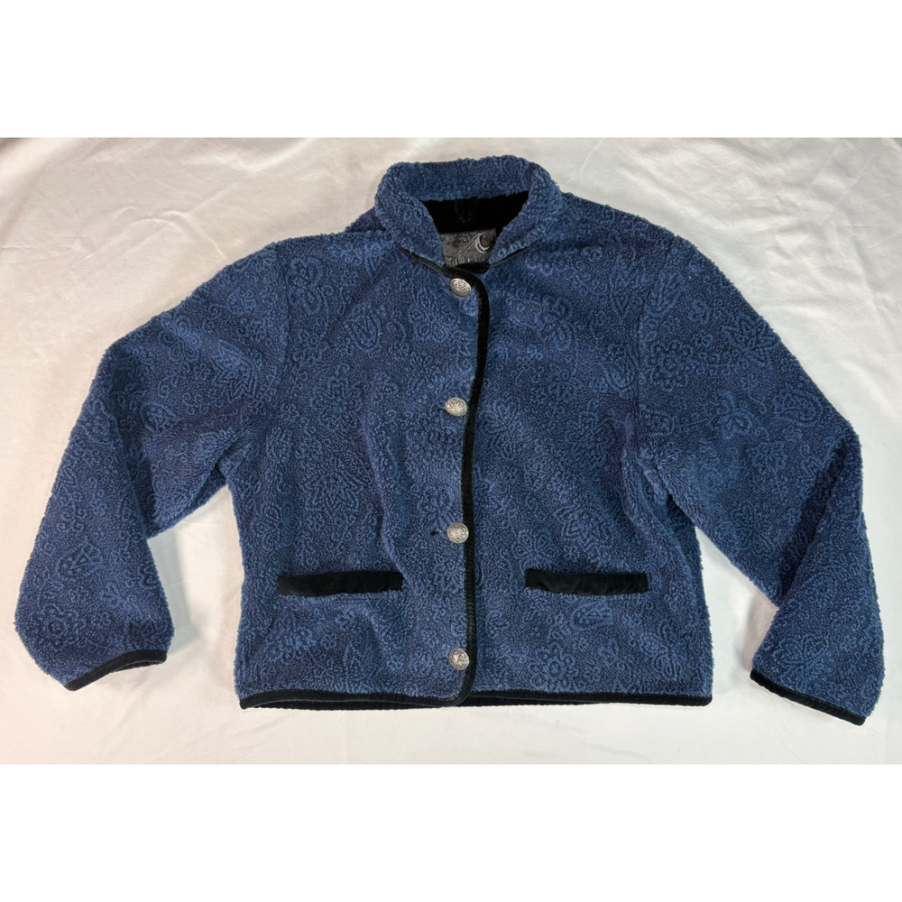 VTG Tusnami Canada Fleece Paisley Jacket Blue Velvet Trim Silver Buttons Size M